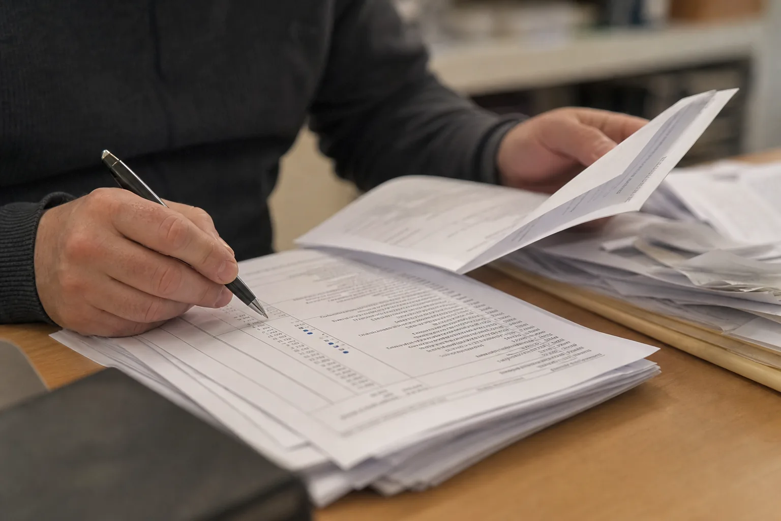 Vermieter prüft eine Betriebskostenabrechnung mit markierten Stellen und Belegen.