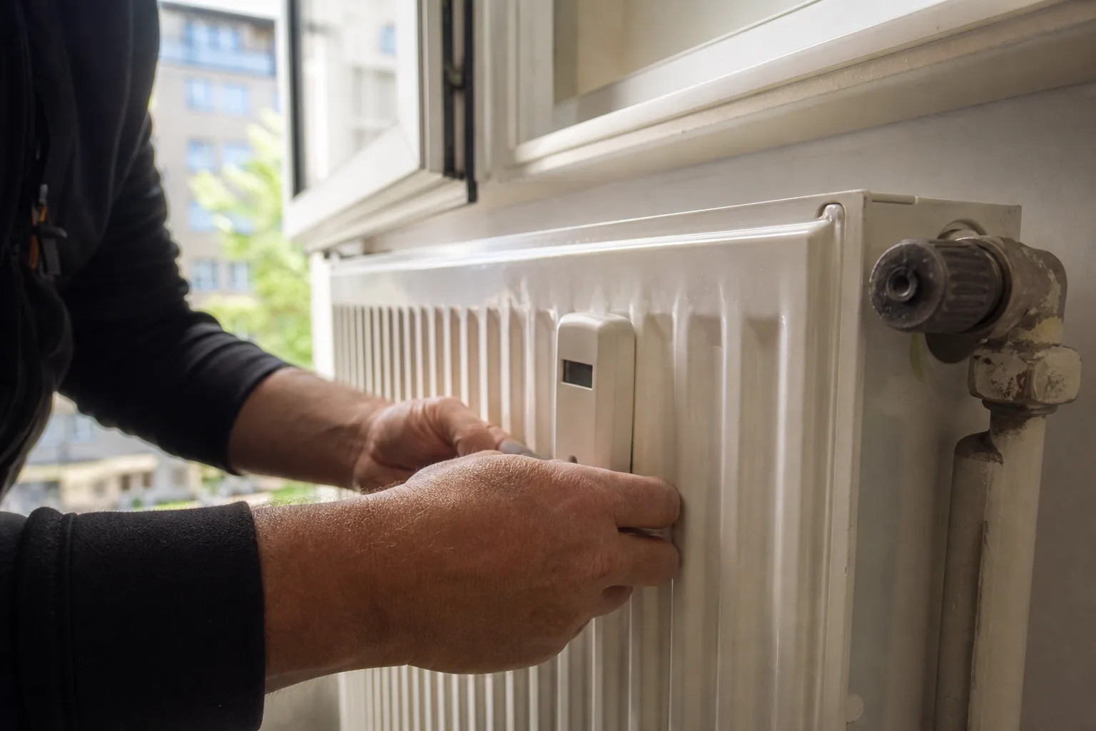 Heizkostenverteiler an einem Heizkörper in einer Wohnung.