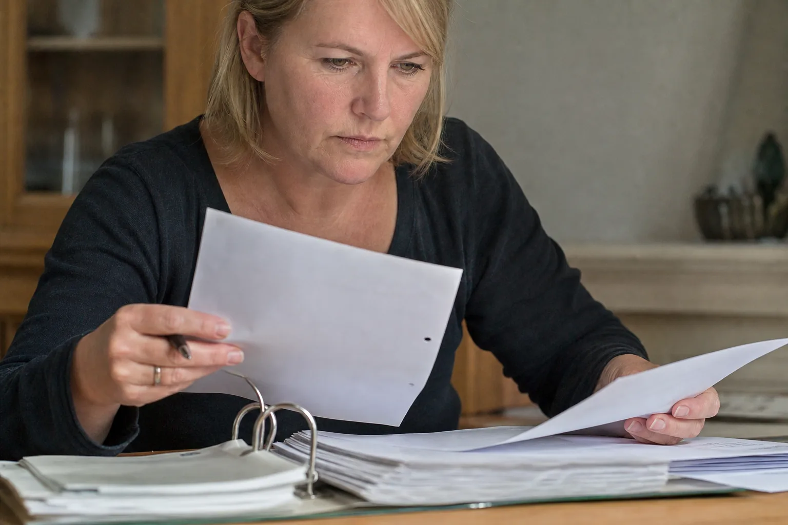 Private Vermieterin ordnet Unterlagen für die Betriebskostenabrechnung
